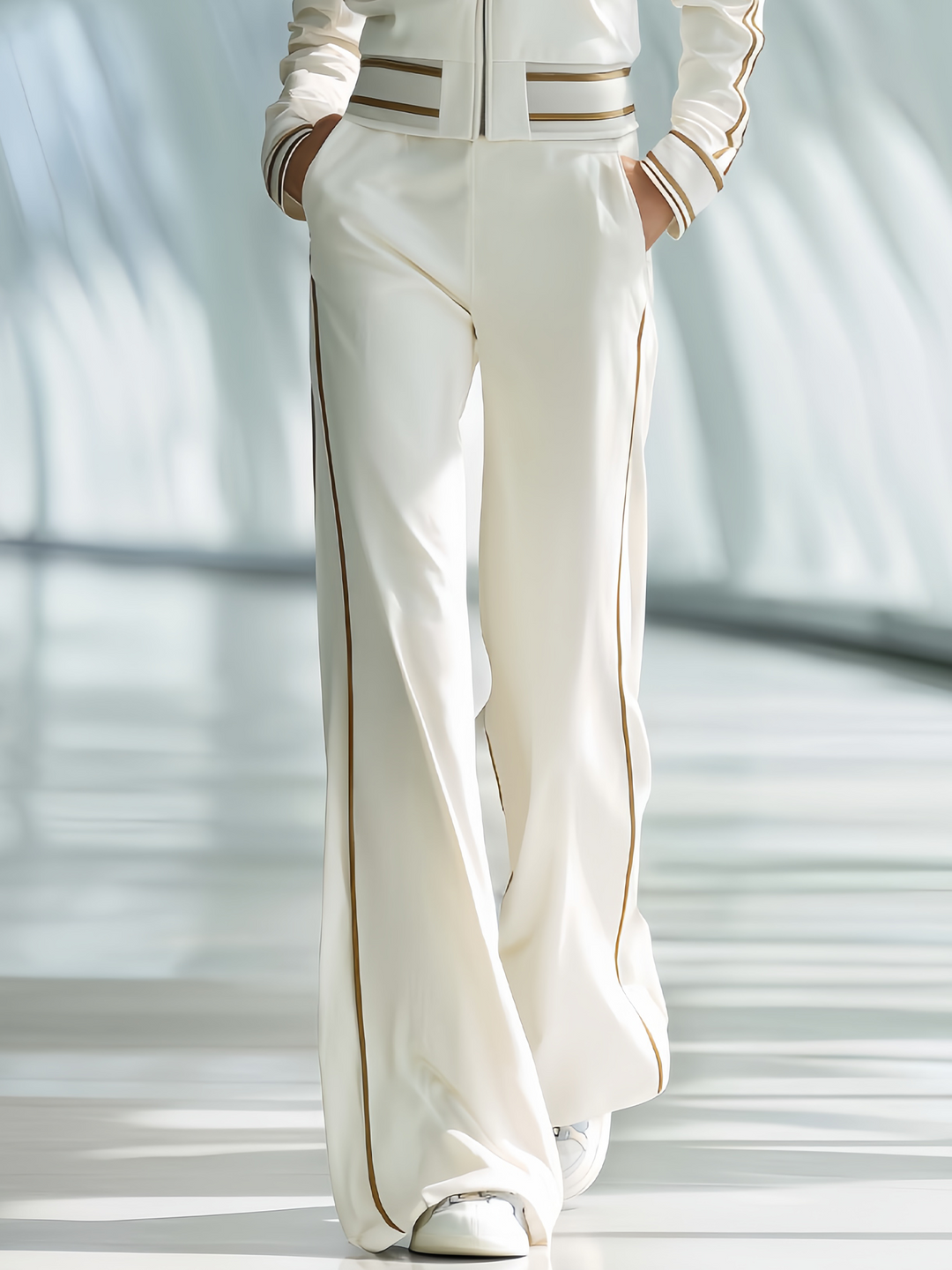 Women's Stylish Casual White Long-sleeved Top And Trousers Set