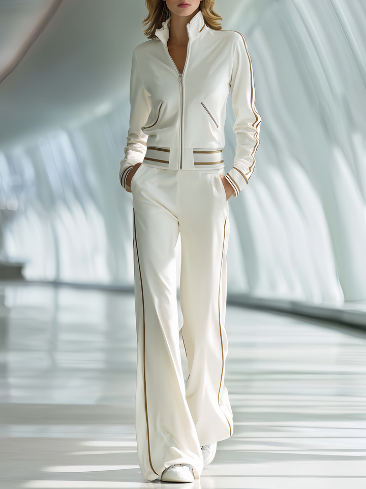 Women's Stylish Casual White Long-sleeved Top And Trousers Set