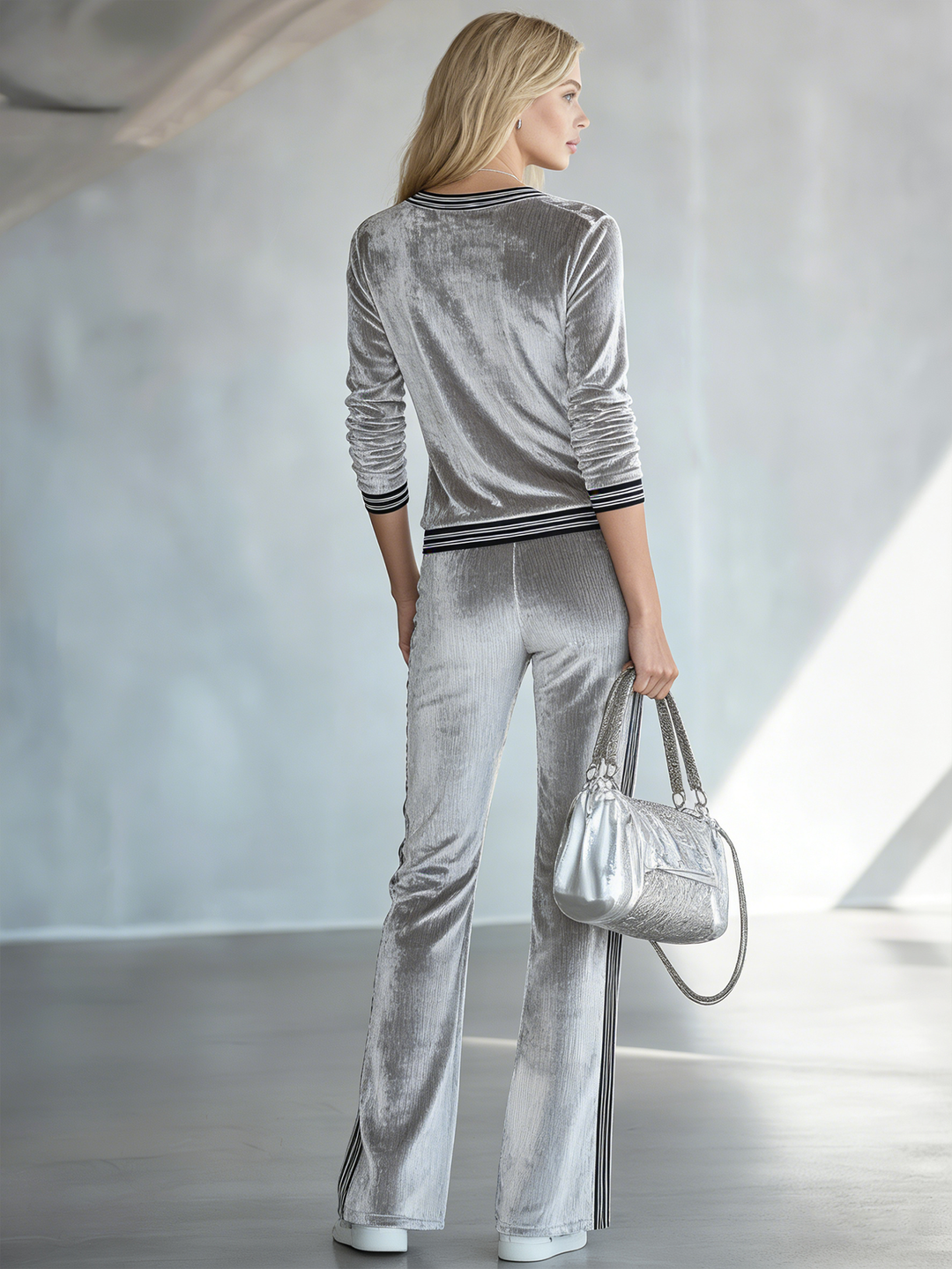 Women's Silver Gray Velvet V-neck Top And Trousers Set With Black Stripes