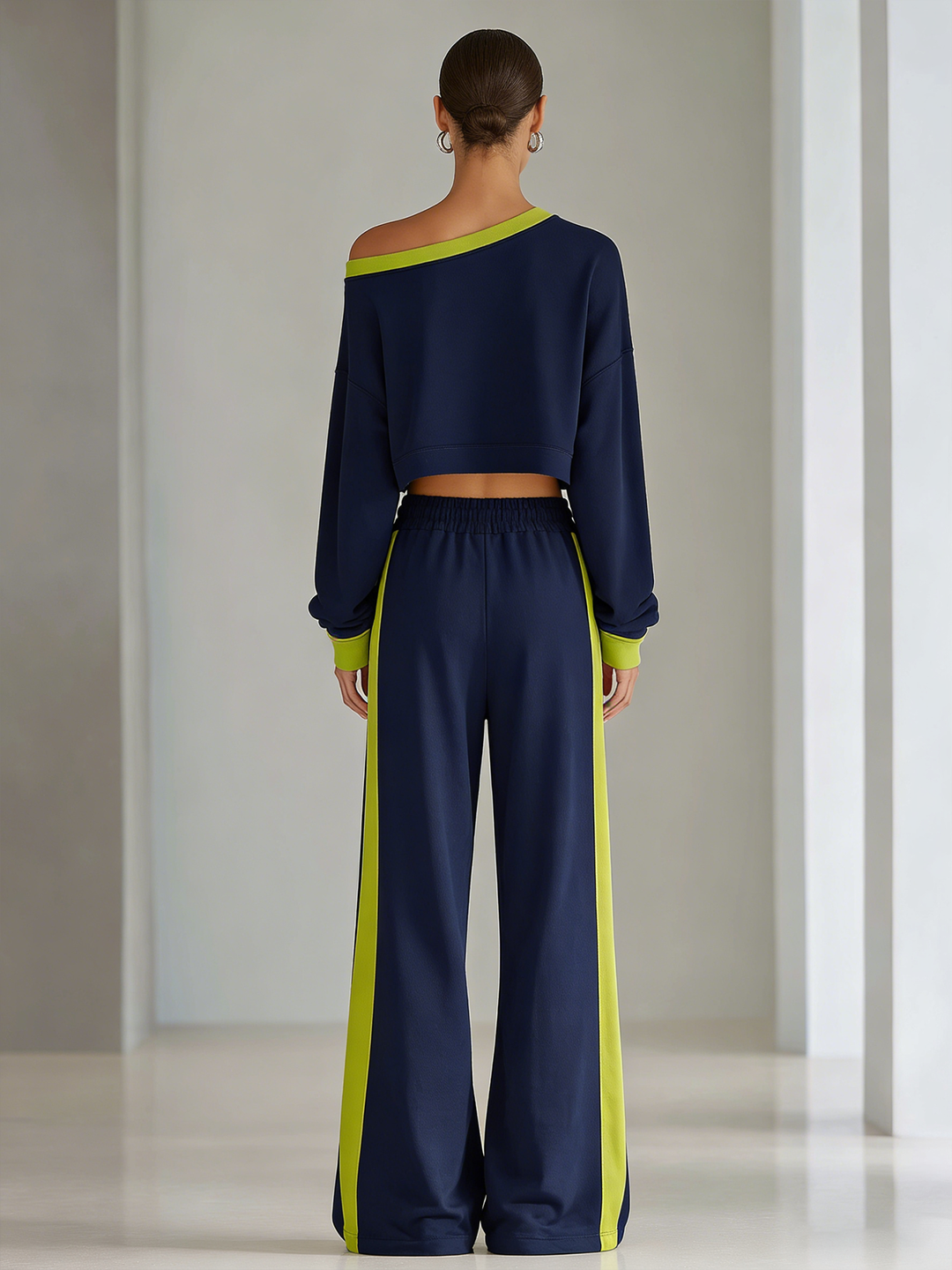 Women's Fashionable Navy Blue Color-block Off-the-shoulder Top And Wide-leg Pants Casual Set