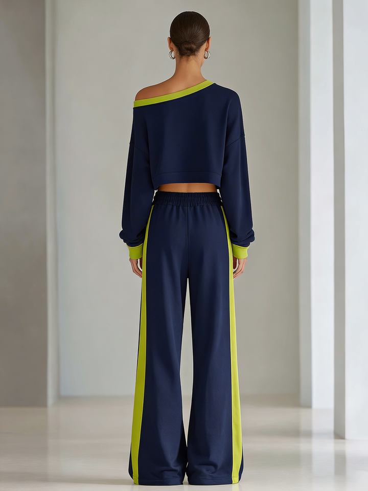 Women's Fashionable Navy Blue Color-block Off-the-shoulder Top And Wide-leg Pants Casual Set