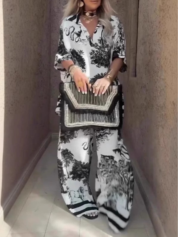 Casual V-neck Printed Short Sleeved Top and Wide Leg Pants Set