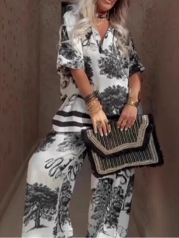 Casual V-neck Printed Short Sleeved Top and Wide Leg Pants Set