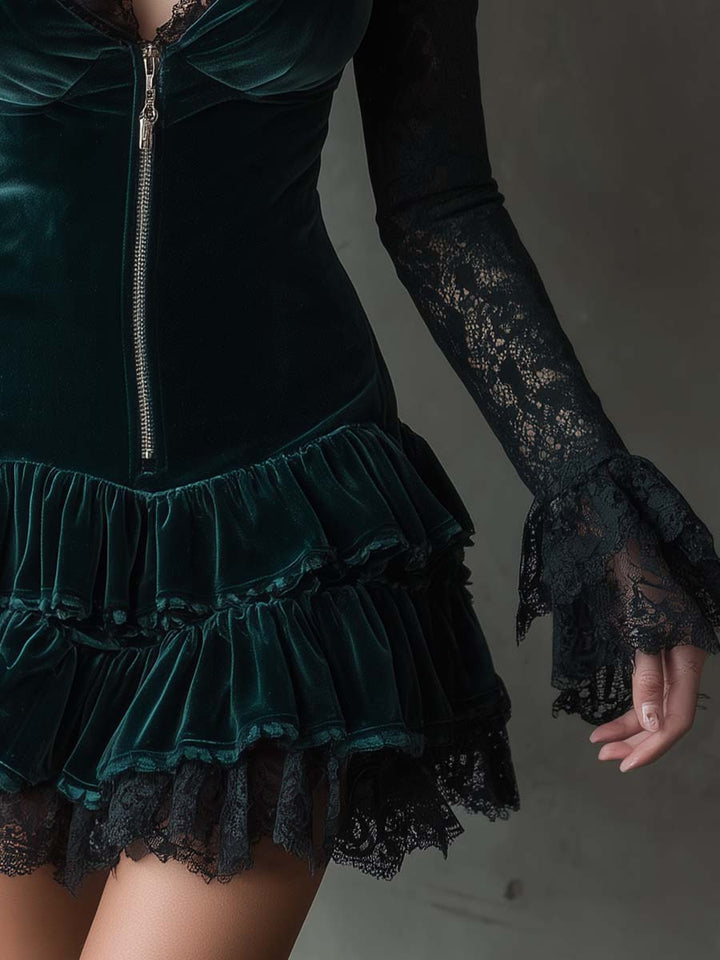 Dark Green Velvet Mini Dress with Lace Sleeves