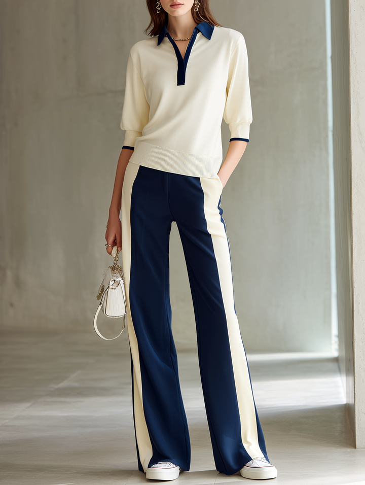 Women's Off-white Polo Neck Knitted Top And Contrasting Wide-leg Pants Set