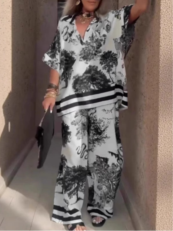 Casual V-neck Printed Short Sleeved Top and Wide Leg Pants Set