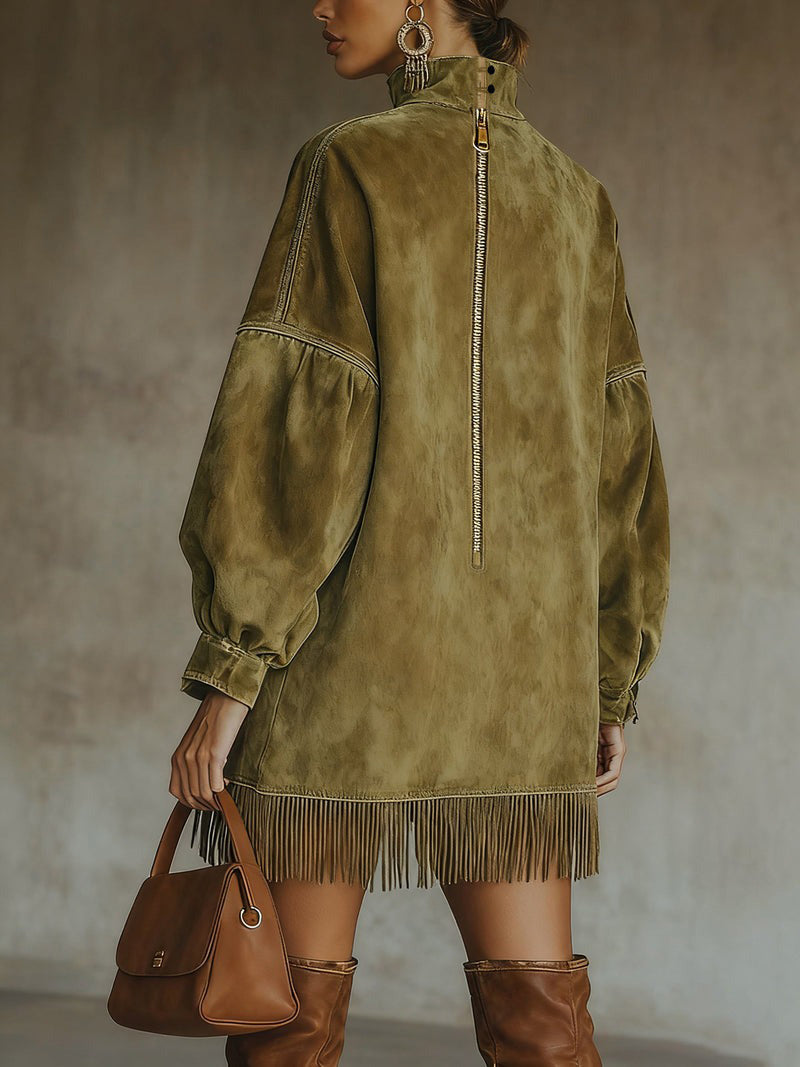 Oversized Suede Effect Dress with Fringes
