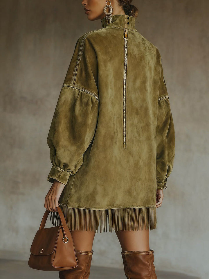 Oversized Suede Effect Dress with Fringes