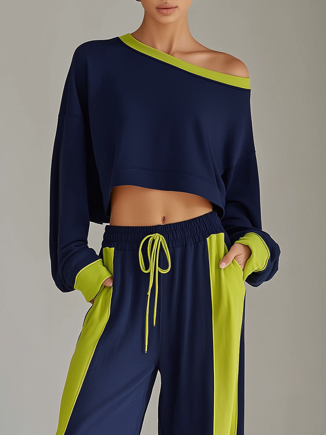 Women's Fashionable Navy Blue Color-block Off-the-shoulder Top And Wide-leg Pants Casual Set