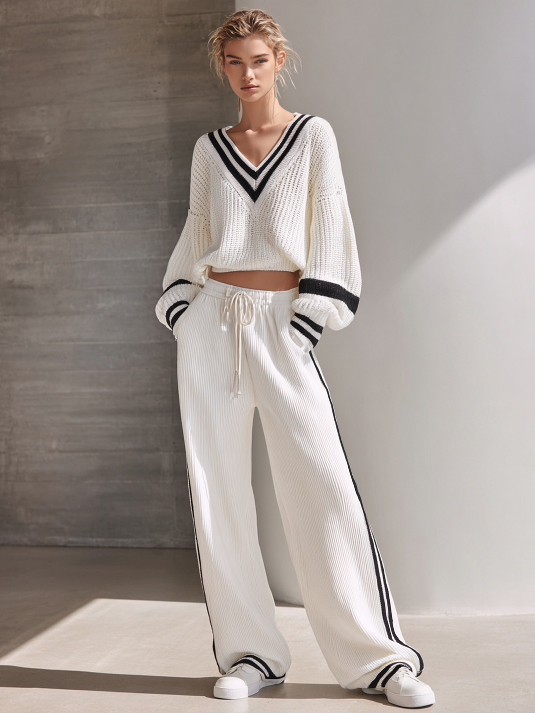 Women's Simple Black And White Color-block V-neck Knitted Casual Suit