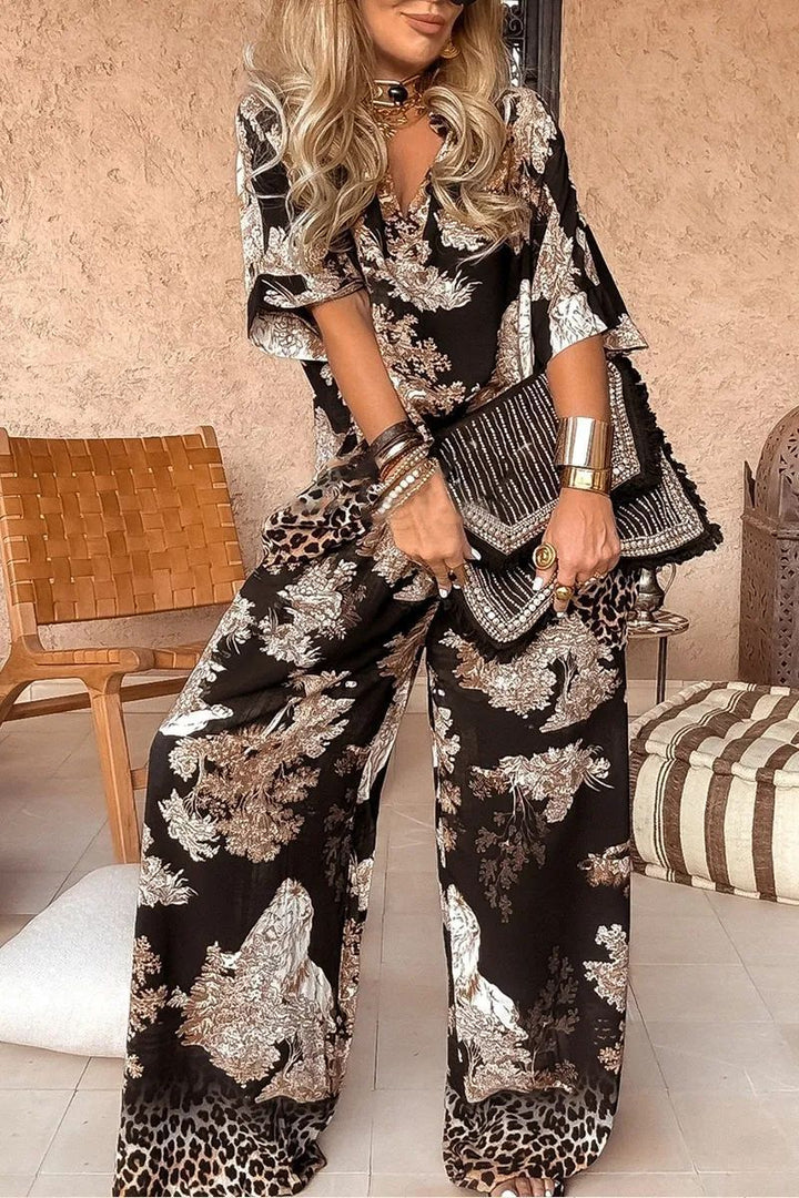 Casual V-neck Printed Short Sleeved Top and Wide Leg Pants Set