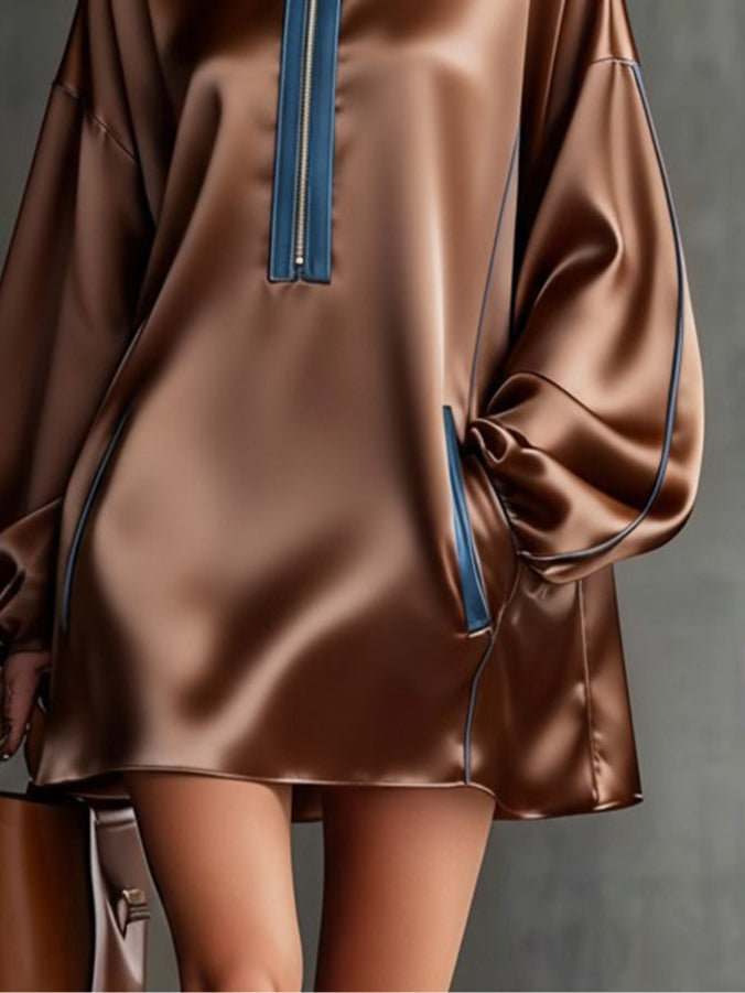 Color Blocked Zipper Turtleneck Satin Loose Mini Dress