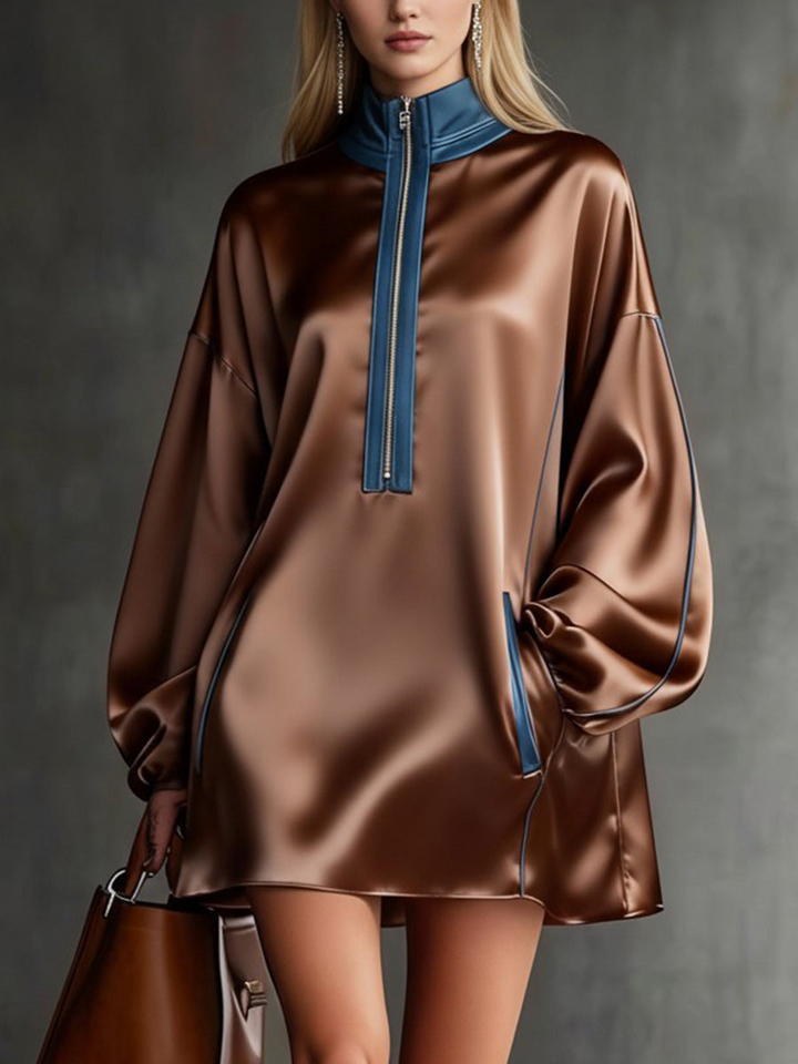Color Blocked Zipper Turtleneck Satin Loose Mini Dress