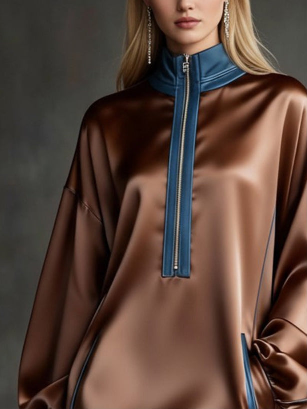 Color Blocked Zipper Turtleneck Satin Loose Mini Dress