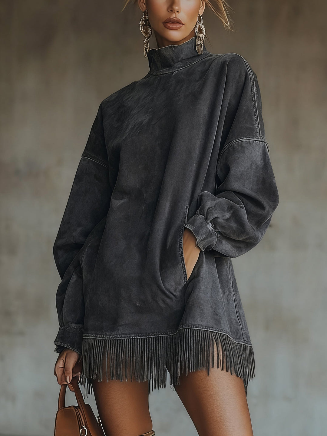 Oversized Suede Effect Dress with Fringes