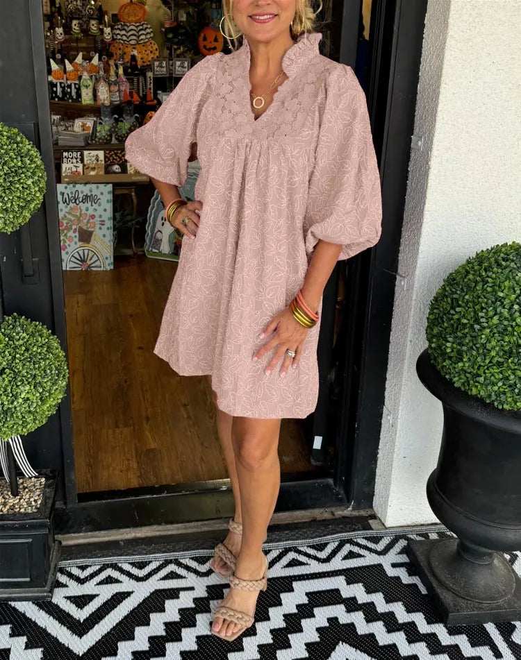 CALINDRA – V-NECK LACE DETAIL DRESS