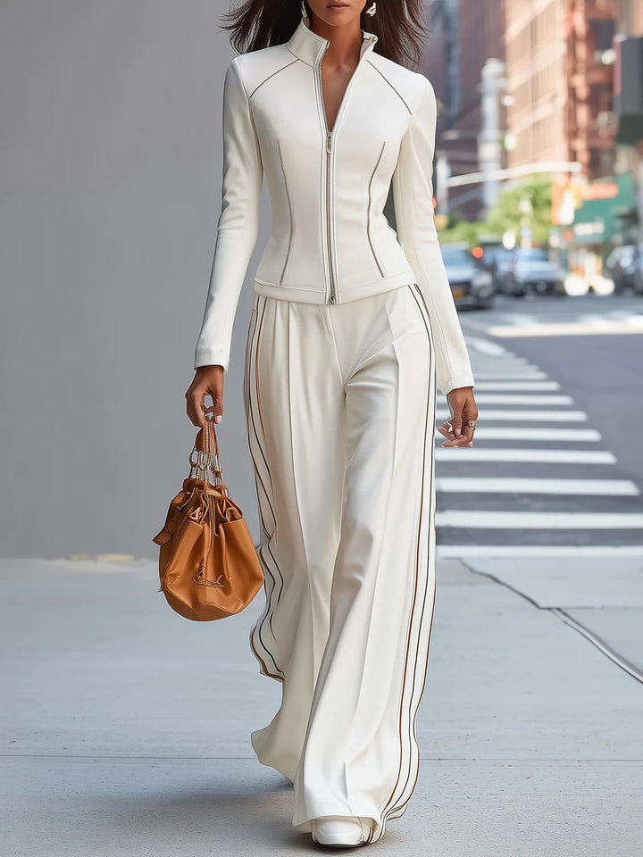 White Stand Up Collar Zip-Up Wide-Leg Pant Set