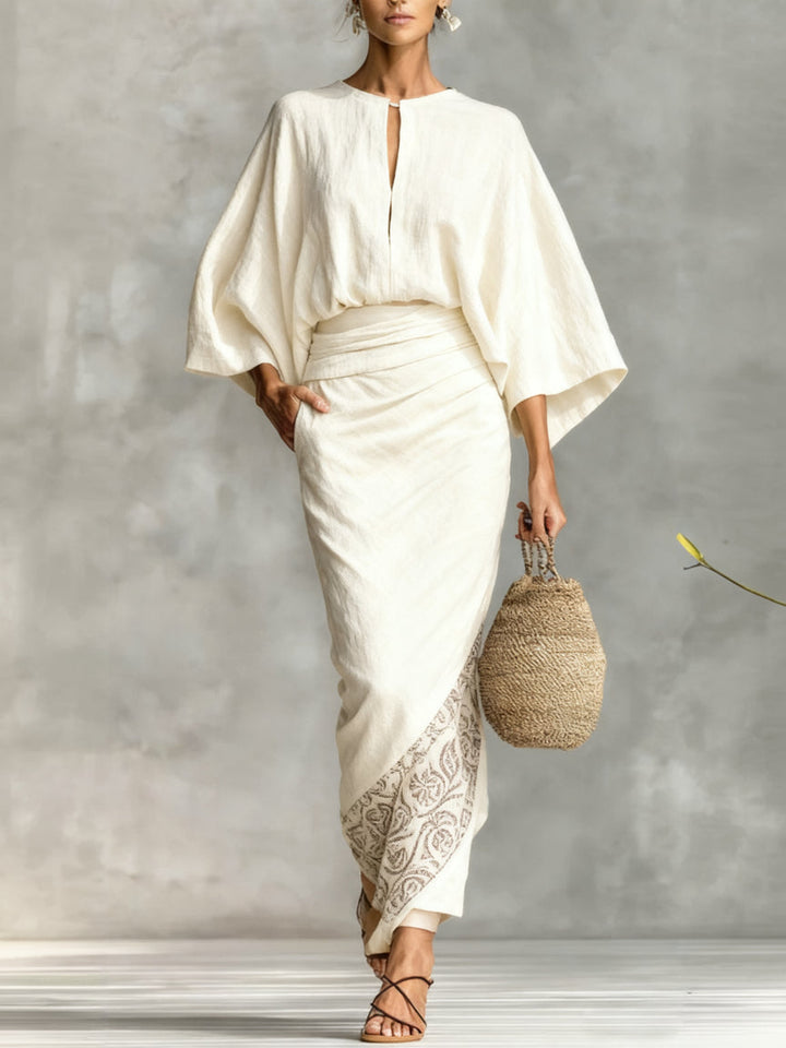 White Loose Fitting Top and Printed Skirt Set