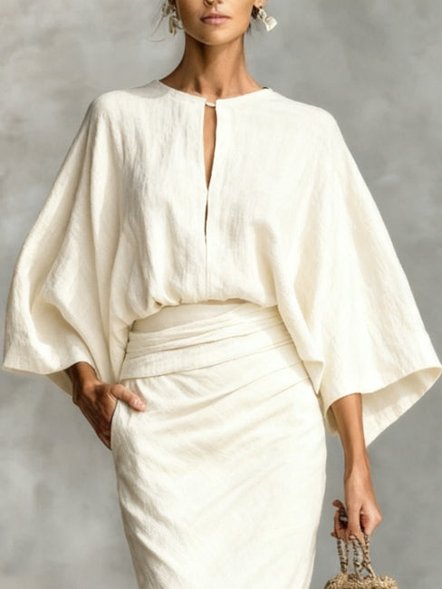 White Loose Fitting Top and Printed Skirt Set