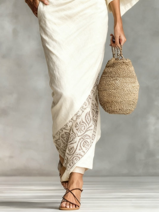 White Loose Fitting Top and Printed Skirt Set