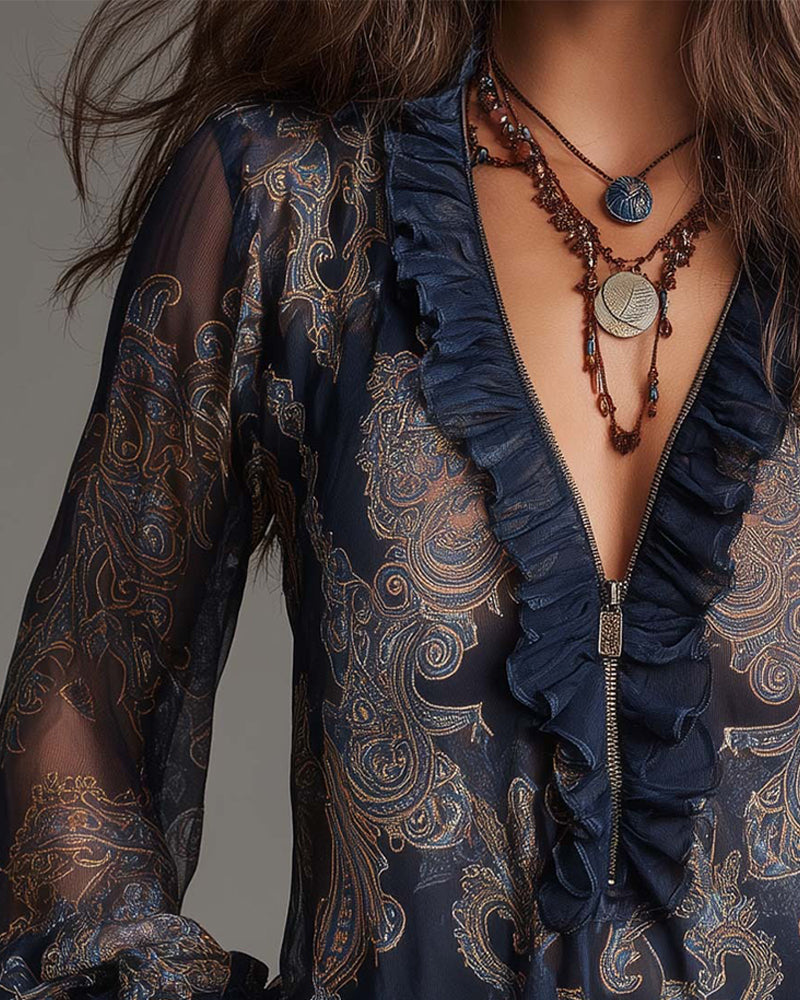 Blouse Half-Zip Ruffle Retro