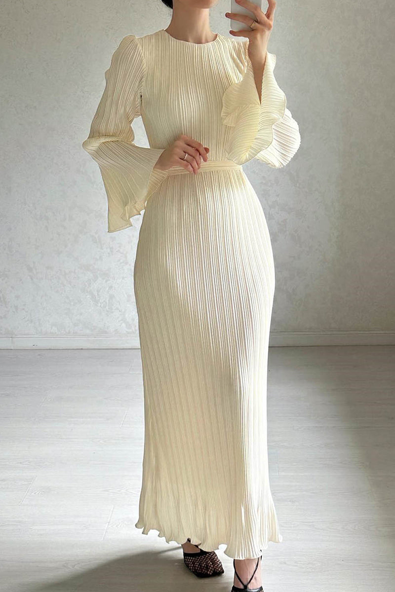 ELANI – STREET SOLID PATCHWORK PLEATED LONG DRESS