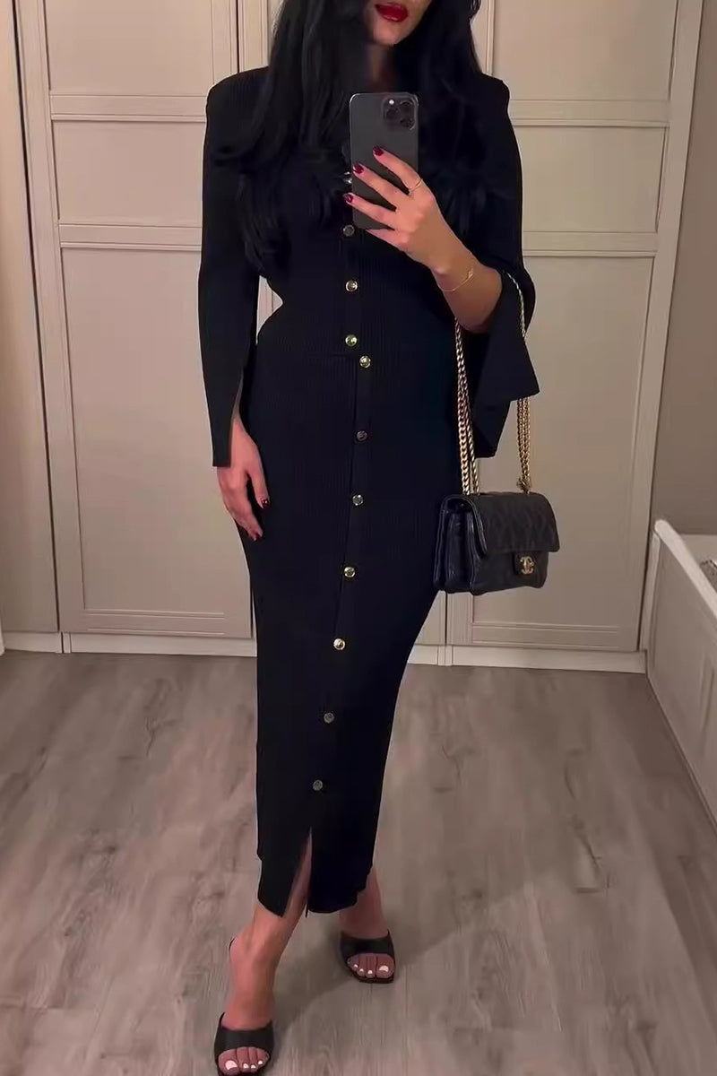 SEREN – DAILY ELEGANT BUCKLE O-NECK LONG SLEEVE TWO-PIECE SET