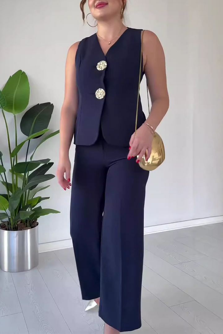 ARIANWEN – ELEGANT SOLID COLOR PATCHWORK V-NECK TWO-PIECE SET