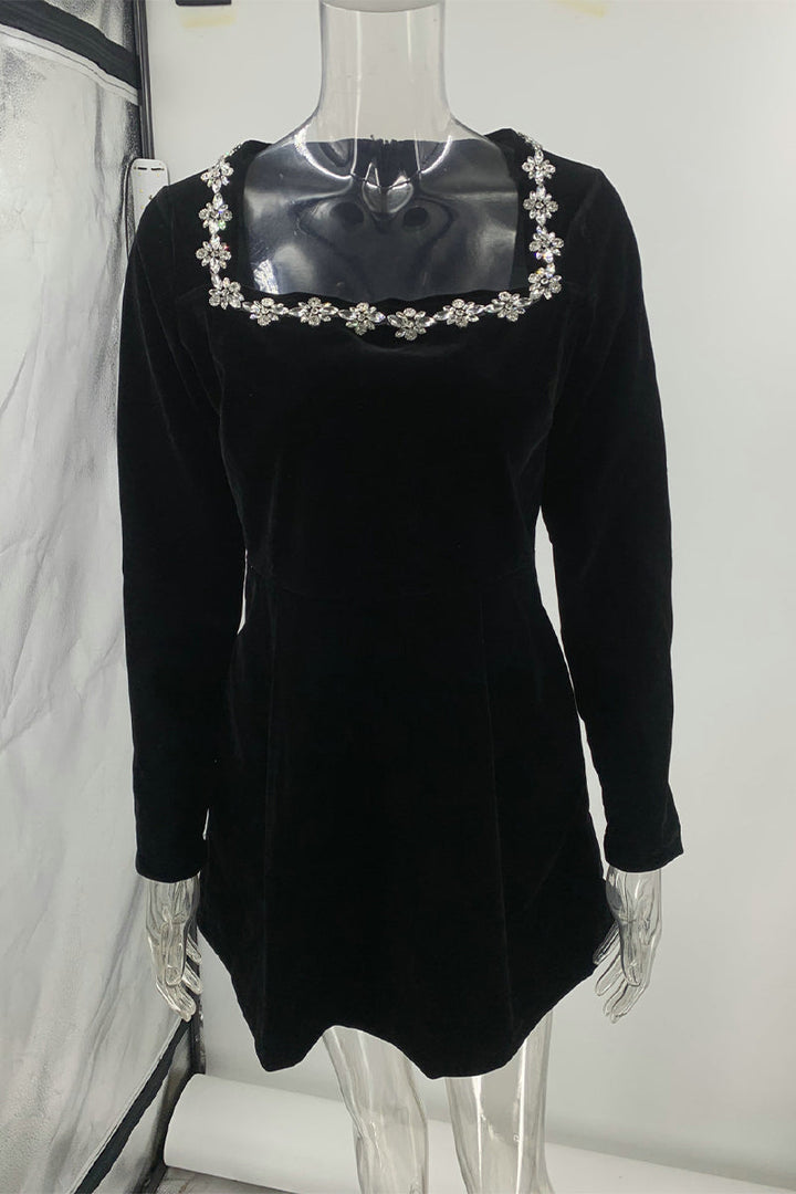 CALIANA – ELEGANT POCKET RHINESTONE DECOR SQUARE NECK A-LINE DRESS