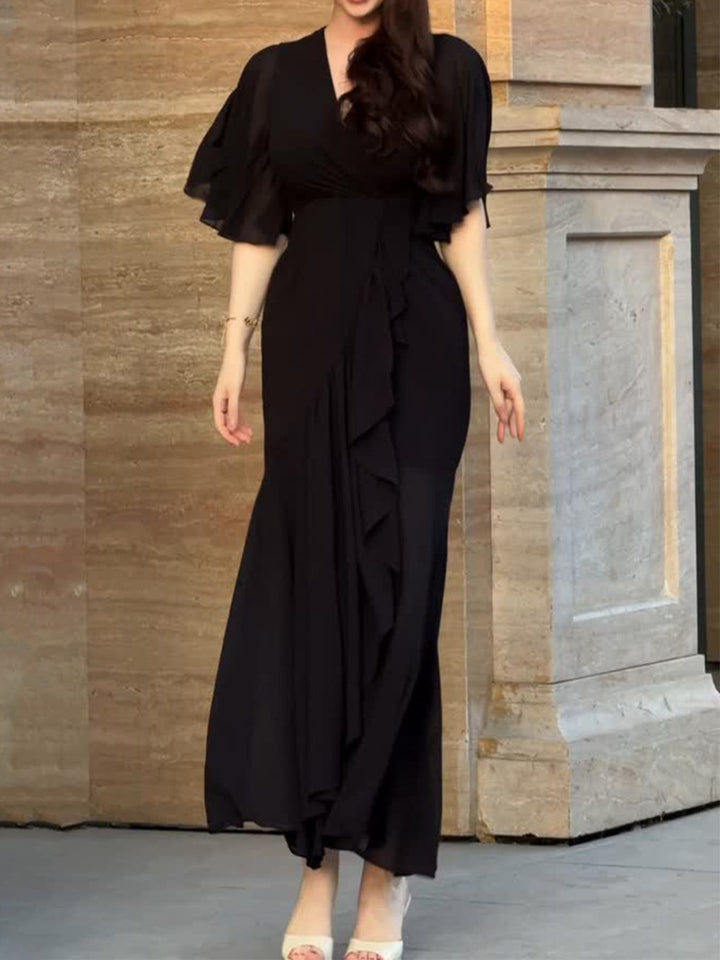 GALILEA – CHIC V-NECK DRESS WITH ARTISTIC PRINTS