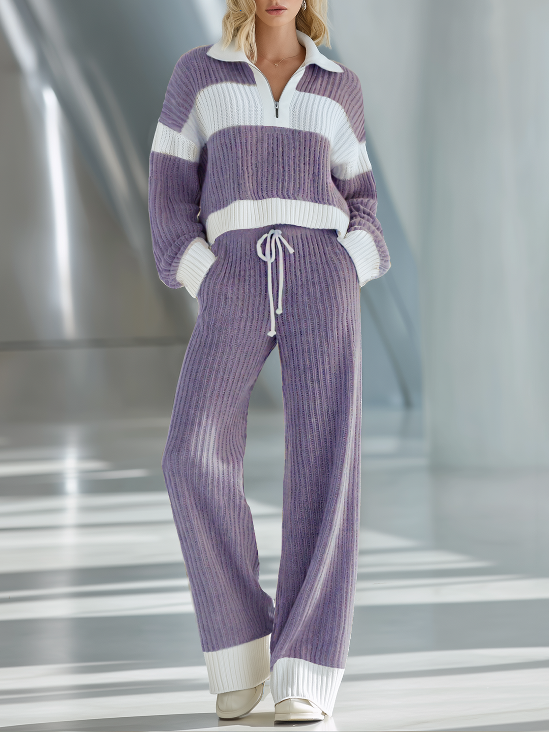 Women's Beige And White Striped Knitted Collared Half-zip Casual Set