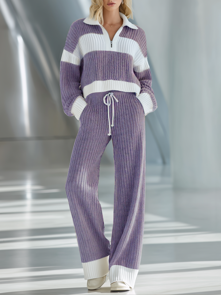 Women's Beige And White Striped Knitted Collared Half-zip Casual Set