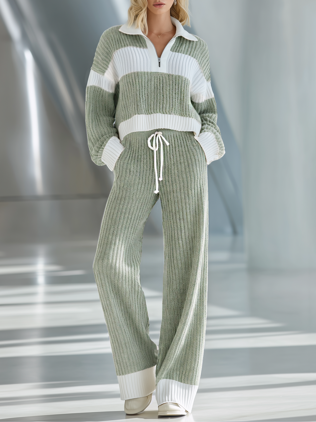 Women's Beige And White Striped Knitted Collared Half-zip Casual Set