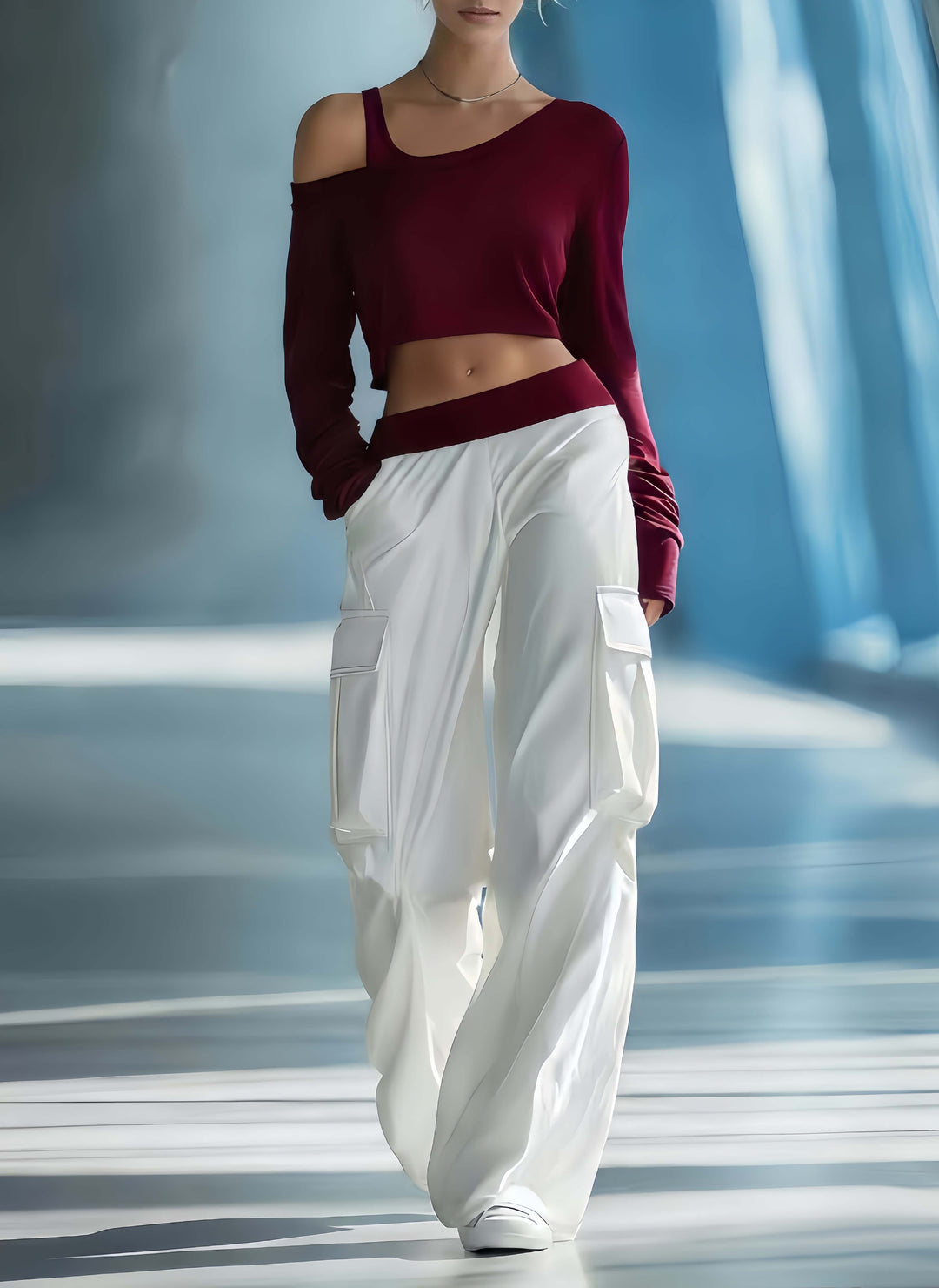 Women's Stylish Casual Dark Blue Off-the-shoulder Top And Trousers Set