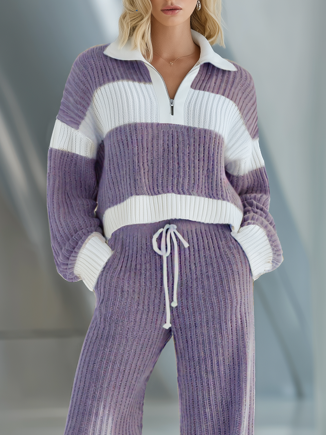 Women's Beige And White Striped Knitted Collared Half-zip Casual Set