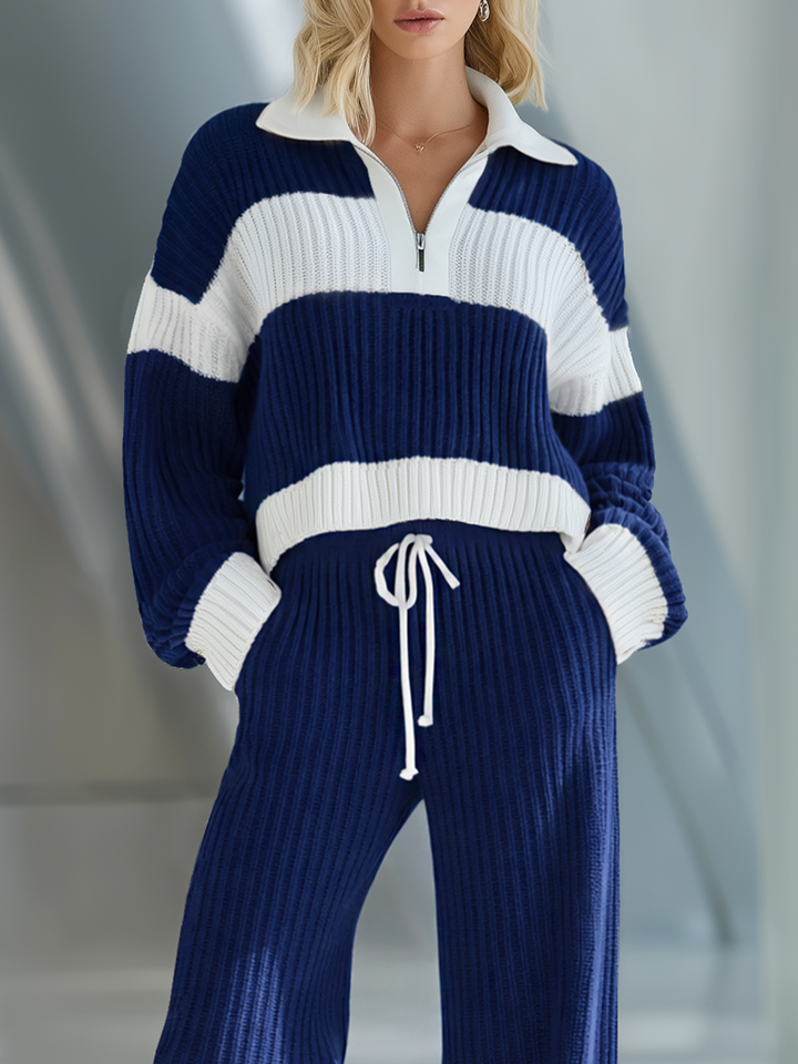 Women's Beige And White Striped Knitted Collared Half-zip Casual Set