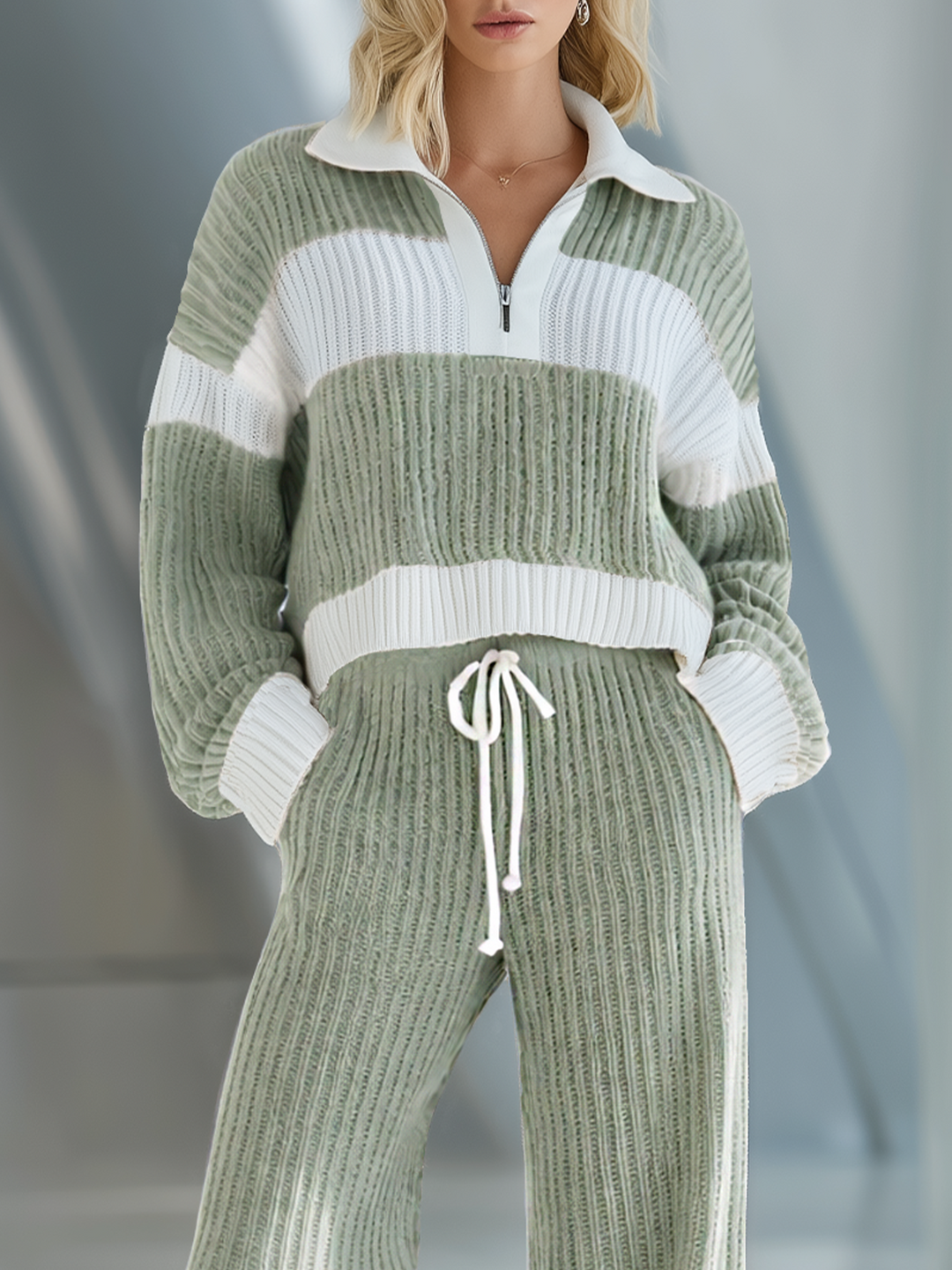 Women's Beige And White Striped Knitted Collared Half-zip Casual Set