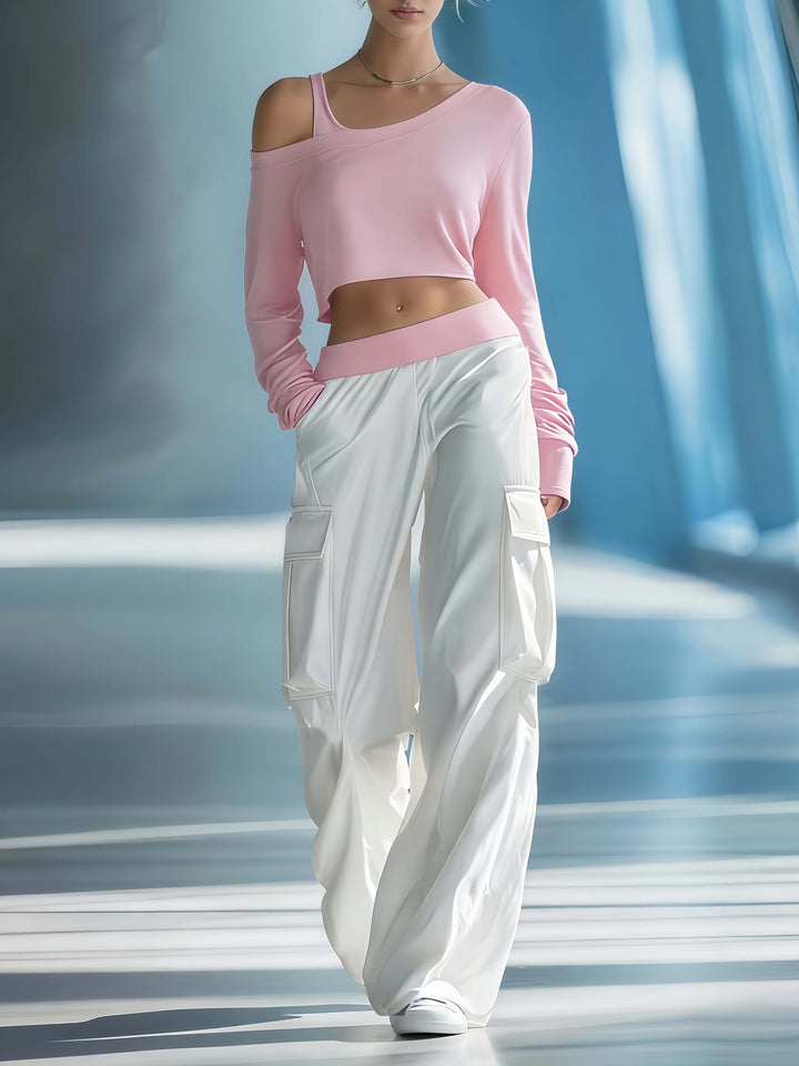 Women's Stylish Casual Dark Blue Off-the-shoulder Top And Trousers Set