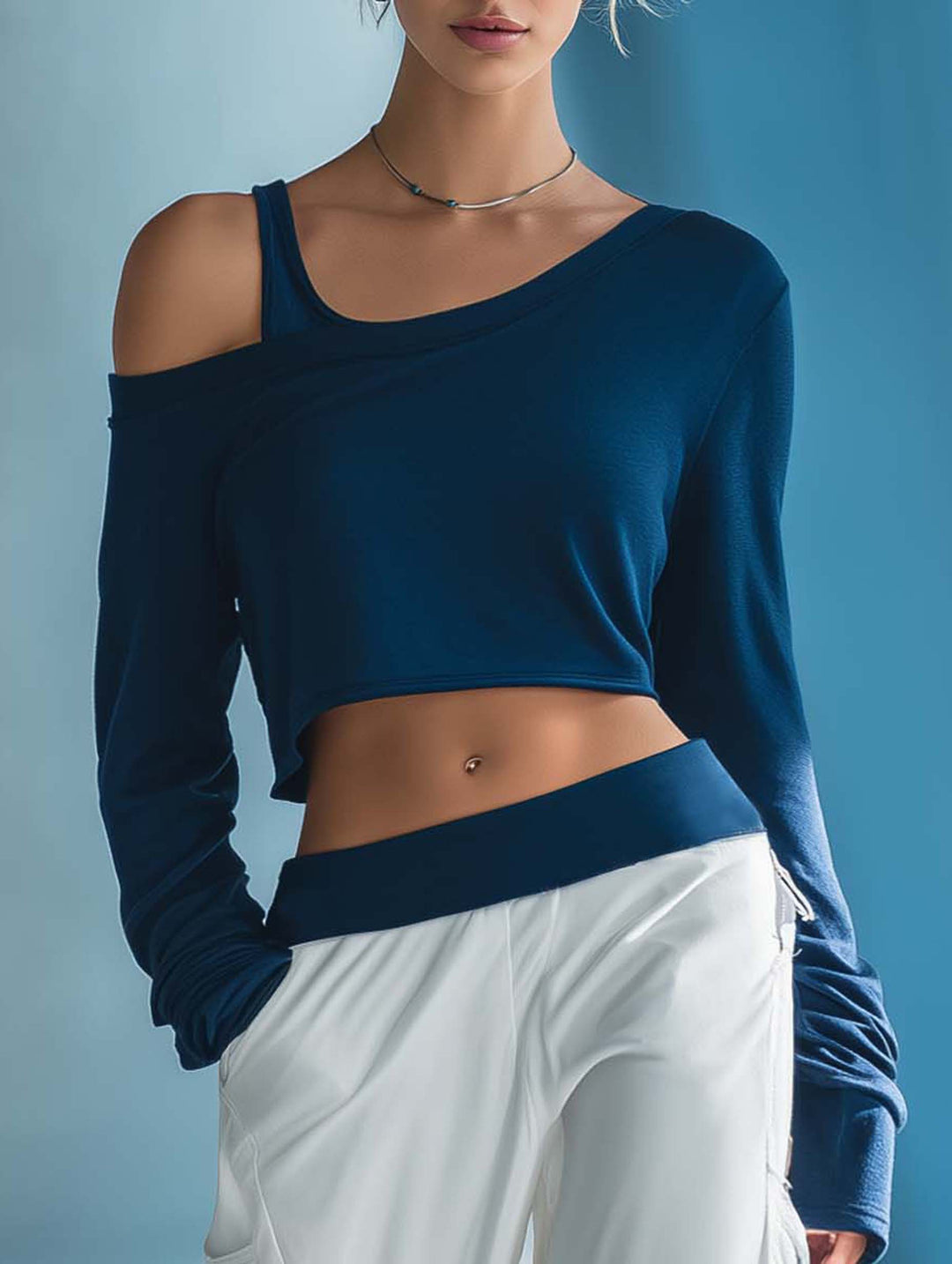 Women's Stylish Casual Dark Blue Off-the-shoulder Top And Trousers Set