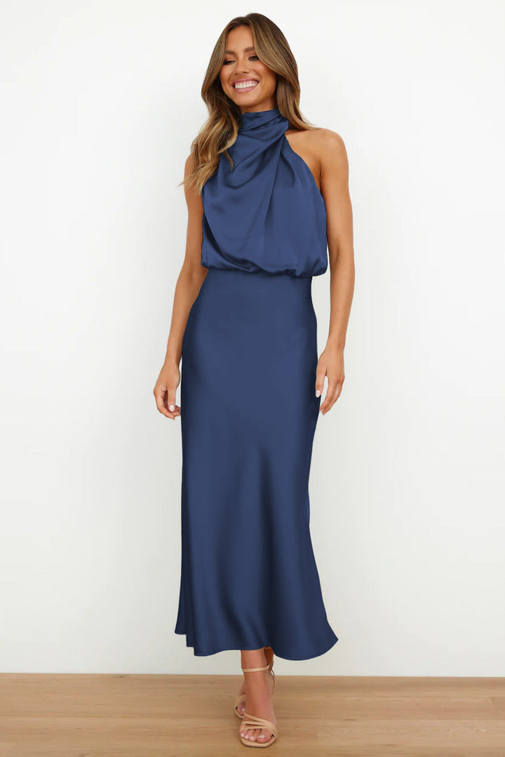 Carlina - Long satin dress with halter neckline