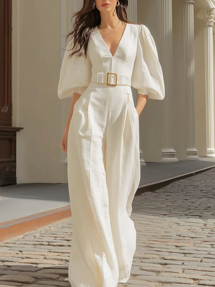 White V-neck Lantern Sleeve Wide-leg Jumpsuit (Includes Belt)