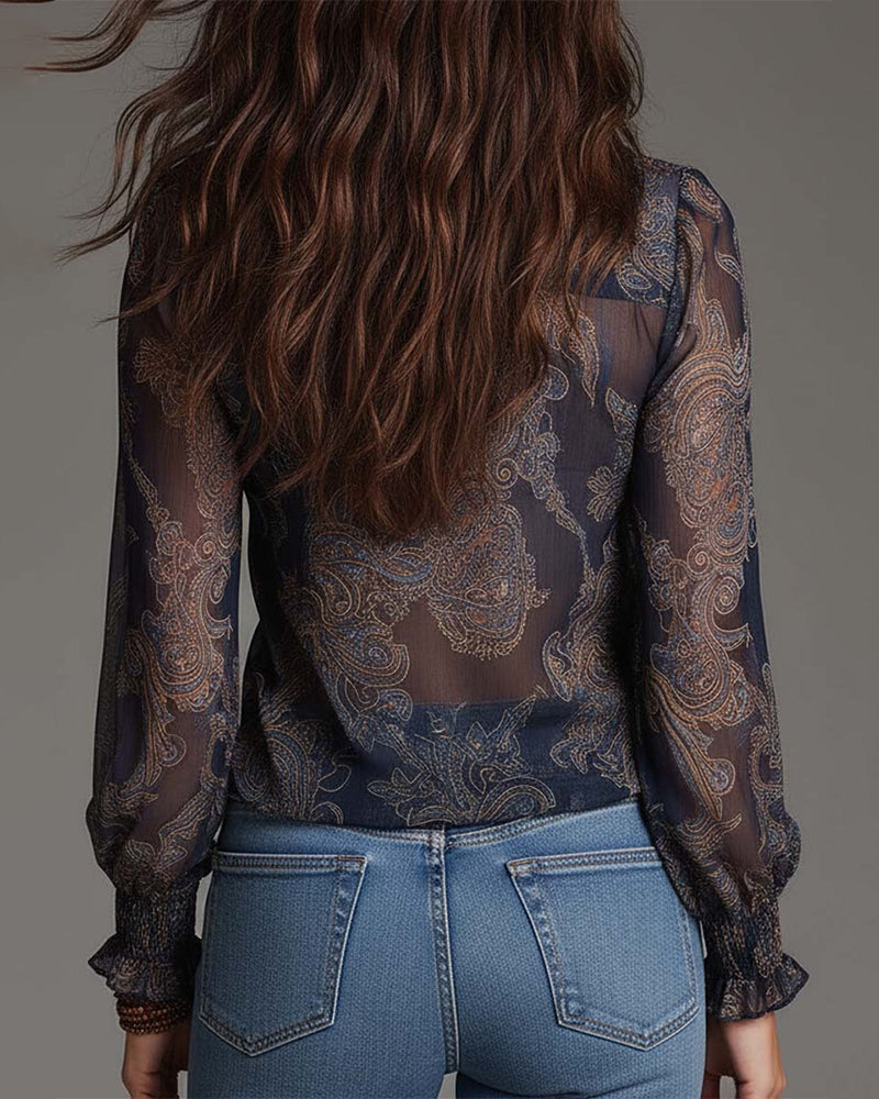 Blouse Half-Zip Ruffle Retro