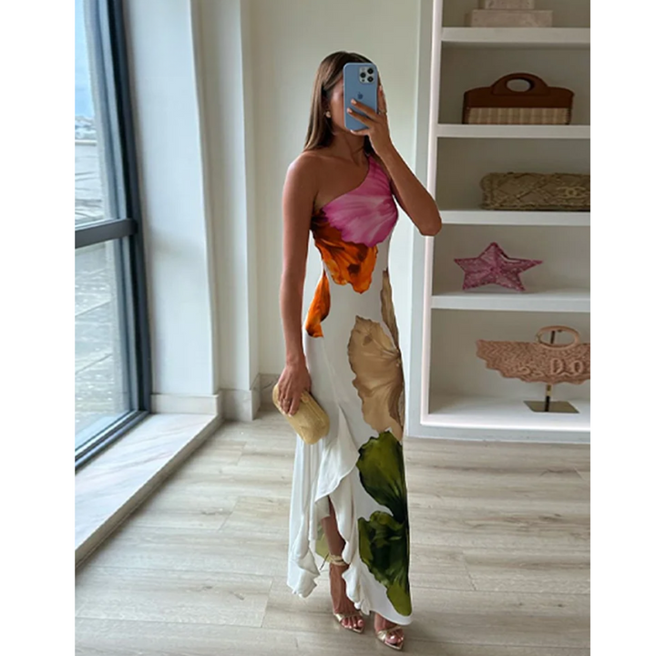 Ismena - Elegant Skew Neck Floral Maxi Dress