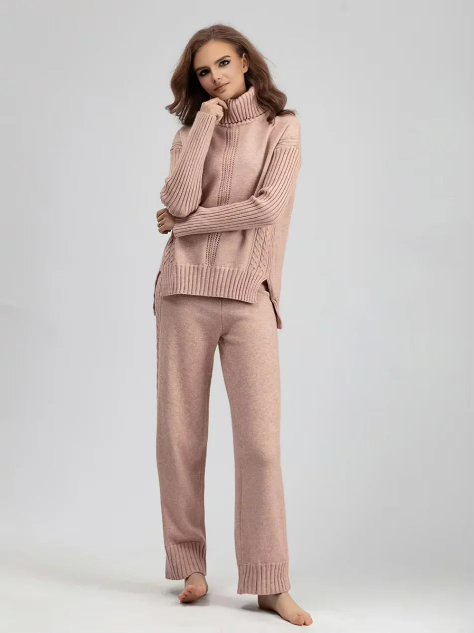 Scarlett - Chic High-Neck Knit Sweater & Loose Pants Set