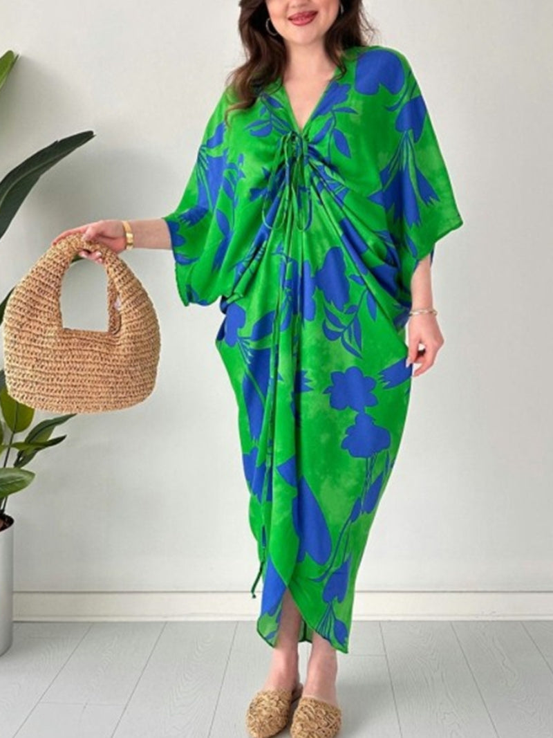 ARAVESSA – PRINTED BAT SLEEVE V-NECK DRESS