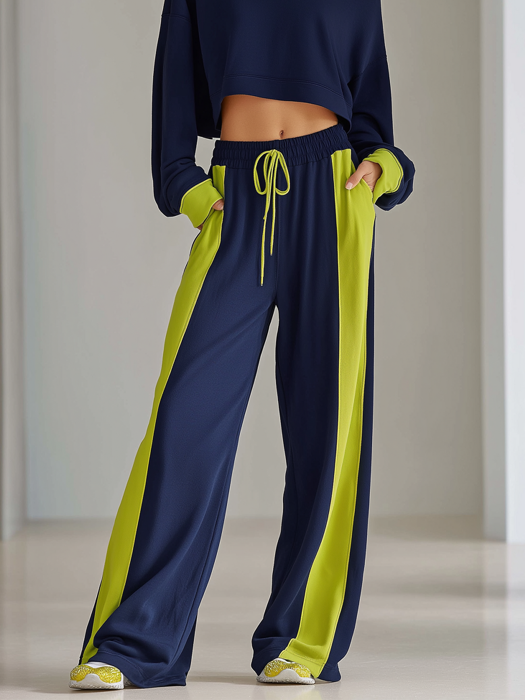 Women's Fashionable Navy Blue Color-block Off-the-shoulder Top And Wide-leg Pants Casual Set