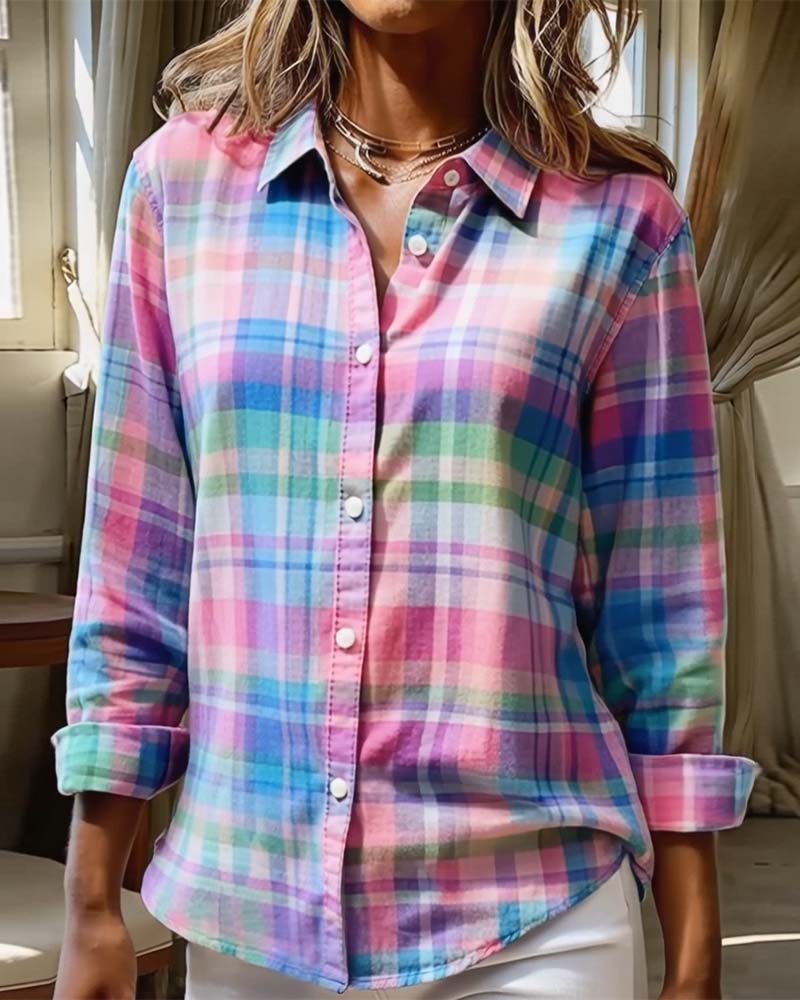 Shirt Colorful Check Print Lapel