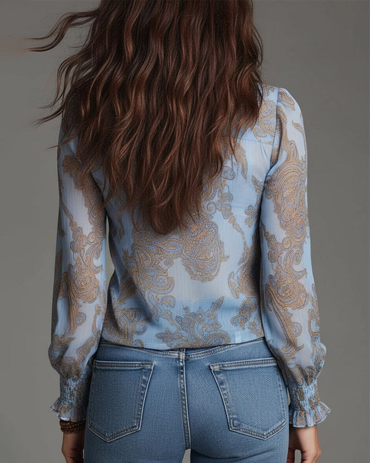 Blouse Half-Zip Ruffle Retro