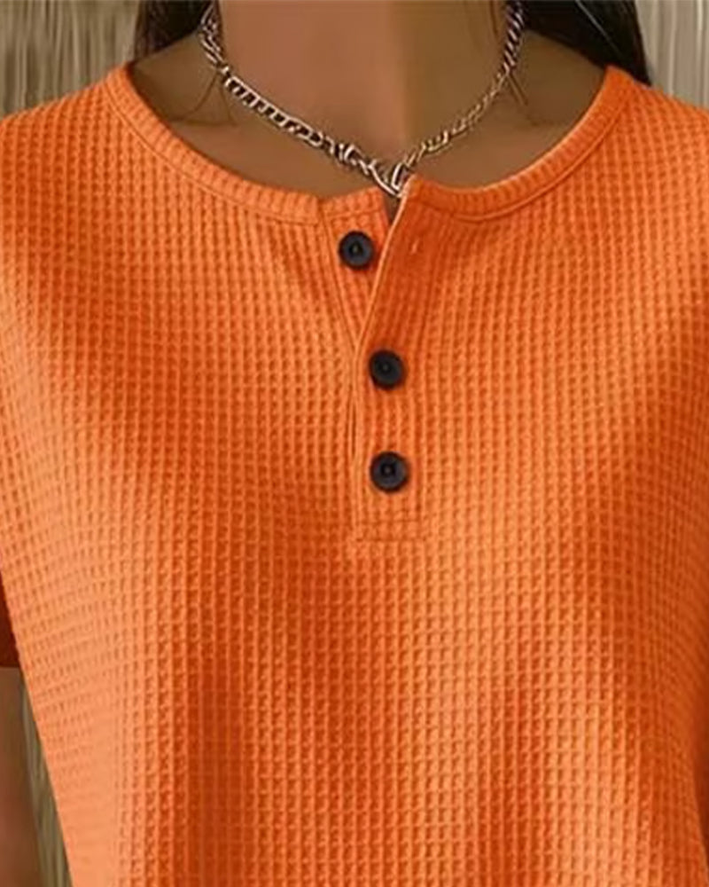 Button V-neck T-shirt Casual