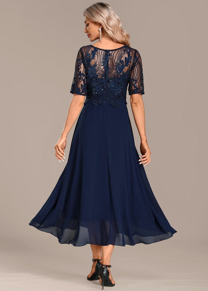 VALYSSIA – NAVY LACE SHORT SLEEVE ROUND NECK DRESS